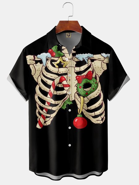 

Men's Christmas Personality Skeleton Print Casual Breathable Hawaiian Short Sleeve Shirt, Black, Short Sleeve Shirts
