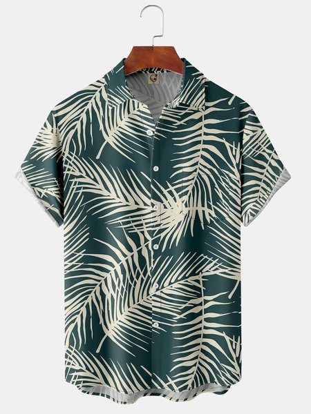 

Palm Leaves Chest Pocket Short Sleeve Hawaiian Shirt, Green, Men Shirts