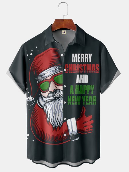 

Men's Christmas Print Fashion Hawaiian Lapel Short Sleeve Shirt, Black, Short Sleeve Shirts