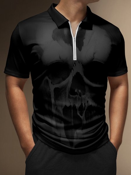 

Casual Festive Collection Halloween Gradient Skull Element Pattern Lapel Short Sleeve Print Polo Shirt, Black, Men's t-shirts