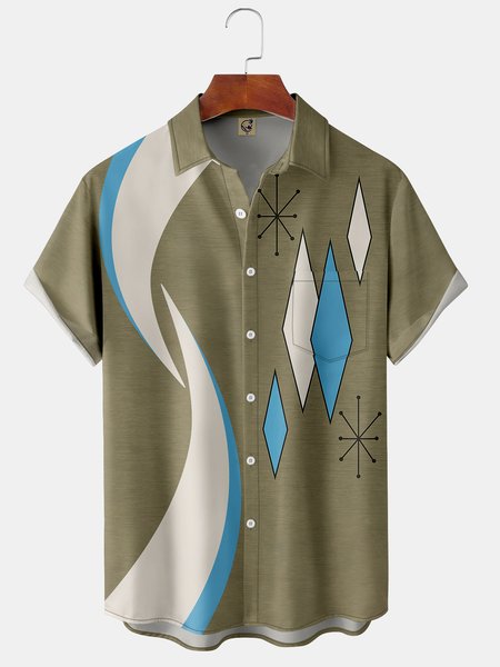 

Men's Art Geometric Print Fashion Hawaiian Lapel Short Sleeve Shirt, Khaki, Short Sleeve Shirts