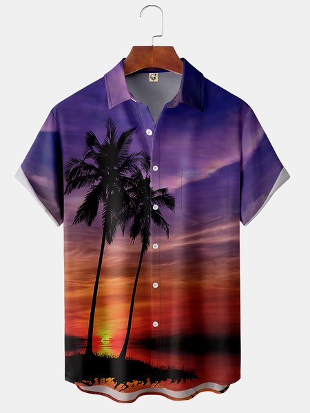 

Men's Coconut Tree Print Casual Breathable Hawaiian Short Sleeve Shirt, Purple, Short Sleeve Shirts