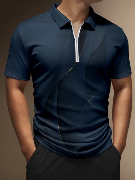 

Casual Art Collection 3D Gradient Geometric Stripes Color Block Pattern Lapel Zip Short Sleeve Print Polo Shirt, Deep blue, Men's t-shirts