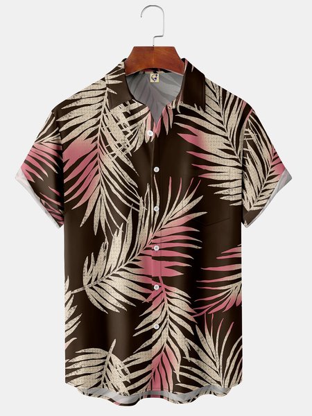 Men's Palm Leaf Print Casual Breathable Hawaiian Short Sleeve Shirt, Brown, Short Sleeve Shirts