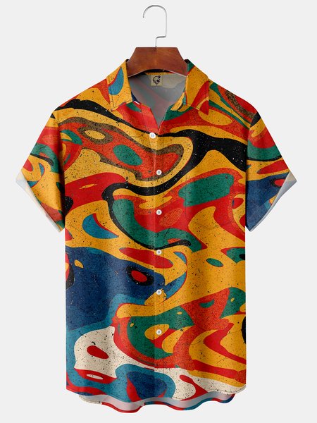 

Mens Retro Abstract Print Front Buttons Soft Breathable Chest Pocket Casual Hawaiian Shirt, Yellow, Short Sleeve Shirts