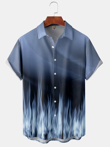 

Men's Flame Print Fashion Hawaiian Lapel Short Sleeve Shirt, Blue, Short Sleeve Shirts