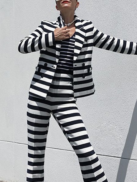 

Long sleeve Striped Urban Shawl Collar Blazer, Black-white, Blazers