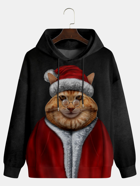 

Men's Christmas Elements Cat Graphic Print Hoodie, Black, Hoodies&Sweatshirts