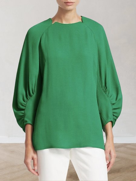 

Loose Notched Lantern Sleeve Blouse, Green, Blouses and Shirts
