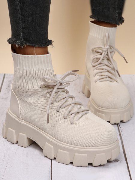 

Versatile Platform Lace-Up Casual Black Short Flyknit Sock Boots, Beige, Boots