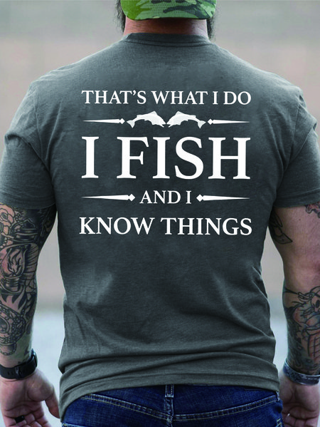 Men I Fish I Know Things Letters Loose Cotton T-Shirt, Gray, T-shirts