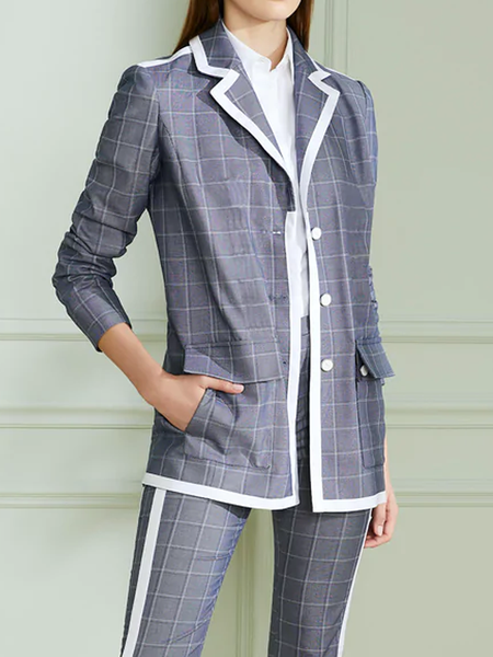 Loose Urban Plaid Lapel Collar Long sleeve Blazer, Gray, Blazers