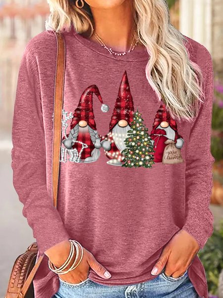 

Women's Gnome Graphic Merry Christmas Long Sleeve Top, Rose red, Long sleeves