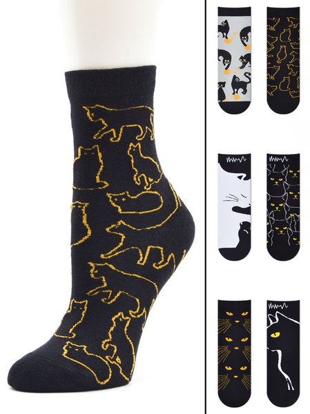 

Casual Simple Black Cat Pattern Socks, Color6, Socks