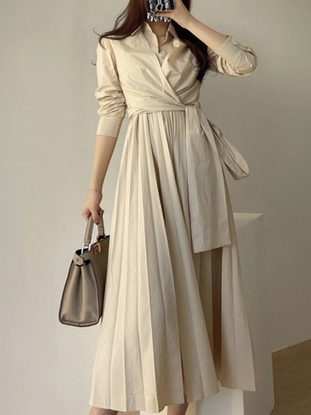 

Daily Long sleeve Regular Fit Elegant Shirt Collar Dress, Apricot, Midi Dresses