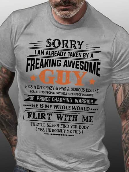

Men Sorry I Am Already Taken By A Freaking Awesome Guy Short Sleeve Crew Neck Short Sleeve T-Shirt, Light gray, T-shirts