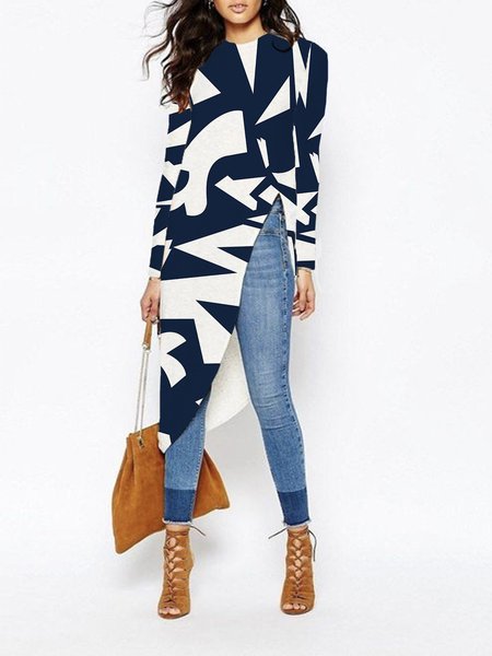 

Blue Crew Neck Long sleeve Simple Colorblock T-Shirt, Tees