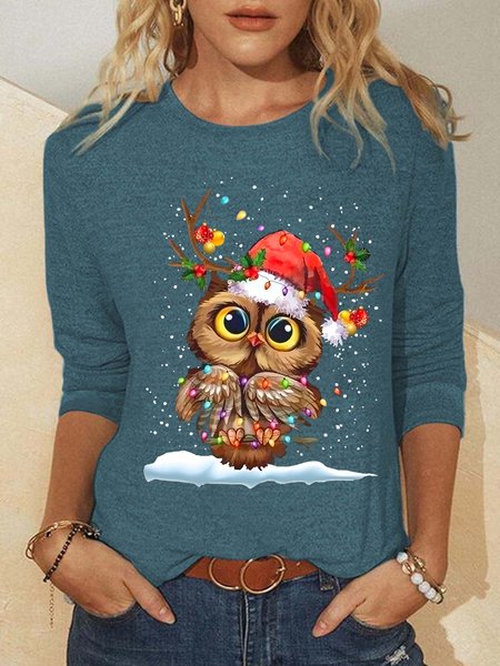 

Christmas Owl Women Simple Top, Army green, Long sleeves