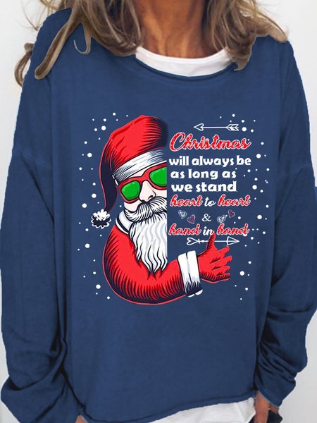 

Christmas Will Always Be As Long As We Stand Heart In Heart Women Text Letters Crew Neck Loose Sweatshirts, Blue, Hoodies&Sweatshirts