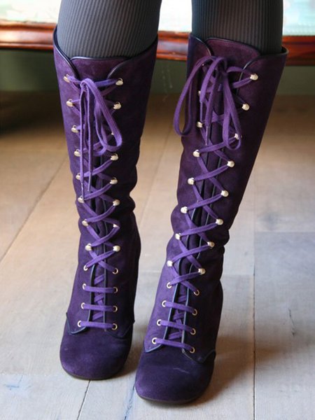 

Vintage Elegant Chunky Heel Lace Up Tall Boots, Purple, Boots
