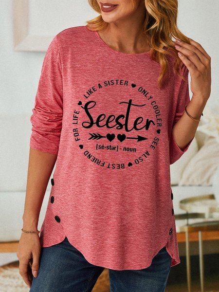 

Women Funny Seester Noun Best Cool Sister Simple Long Sleeve Top, Pink, Long sleeves