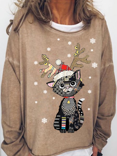 

Womens Christmas Black Cat Art Print Casual Sweatshirt, Light brown, Hoodies&Sweatshirts