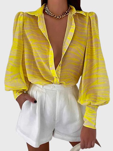 

Simple Shirt Collar Long Sleeve Blouse, Yellow, Blouses and Shirts
