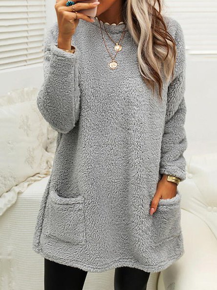 

Plush Crew Neck Casual Thermal Dress, Gray, Mini Dresses