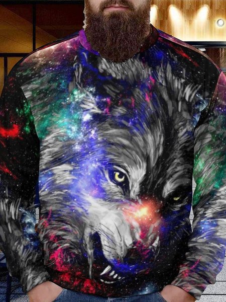 

Men Wolf Star Sky Pattern Loose Animal Crew Neck Sweatshirt, As picture, Hoodies&Sweatshirts