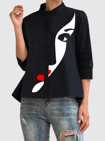 

Urban Stand Collar Figure Loose Blouse, Black, Blouses and Shirts