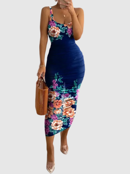 

Floral Vacation Regular Fit U-Neck Sleeveless Knitting Dress, Blue, Dresses