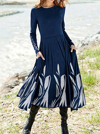 Leaf Cotton-Blend Casual Dresses, Blue, Midi Dresses