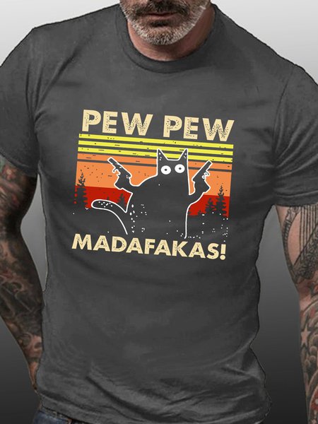 

Men's Cat Print Cotton Casual T-Shirt, Deep gray, T-shirts