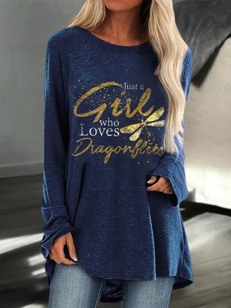 

Crew Neck Loose Dragonfly Casual T-Shirt, Blue, Tops