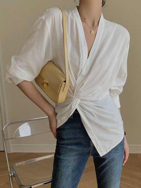 

V neck Daily White Long sleeve Regular Fit Blouse, Blouses and Shirts