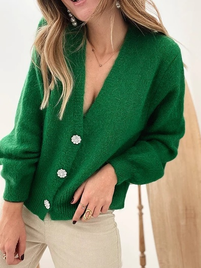

Plain Loose V Neck Sweater Coat, Green, Sweaters