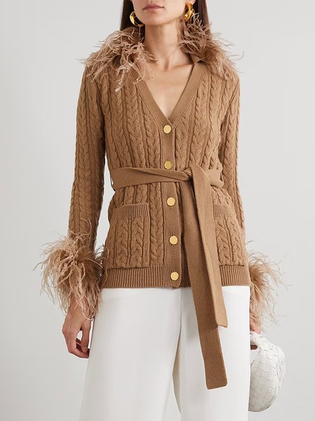 

Elegant Plain Long Sleeve Tight Sweater Coat, Khaki, Cardigans
