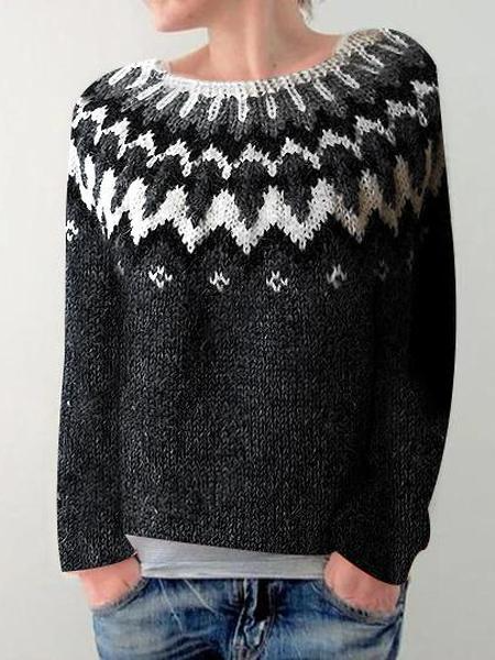 

Ethnic Wool/Knitting Crew Neck Casual Sweater, Black, Sweaters & Cardigans