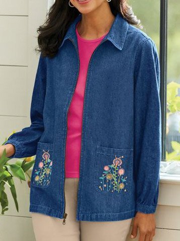 Casual Floral Shawl Collar Denim Jacket, Blue, Jackets