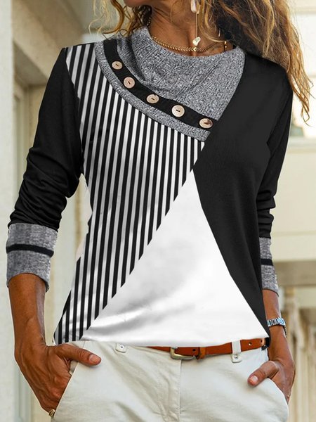 

Shawl Collar Geometric Casual Loose Color Block Top, Multicolor, T-Shirts