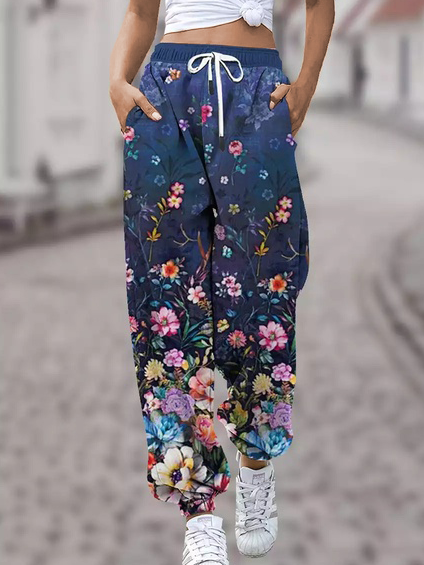 

Floral Casual Loose Sweatpants, Blue, Pants