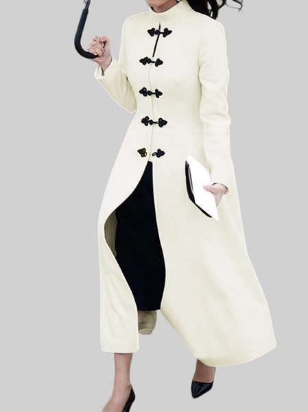 

Long Plain Stand Collar Vintage Overcoat, White, Outerwear