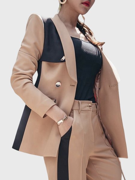 

Long sleeve Lapel Collar Color Block Regular Fit Blazer, Khaki, Blazers