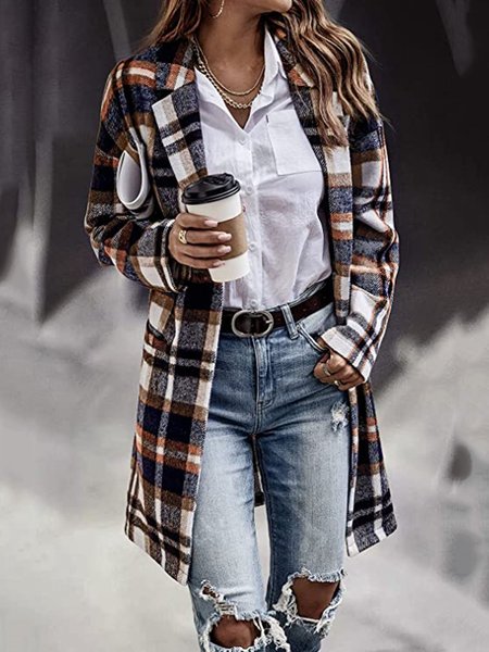 

Loose Plaid Lapel Collar Overcoat, Multicolor, Outerwear