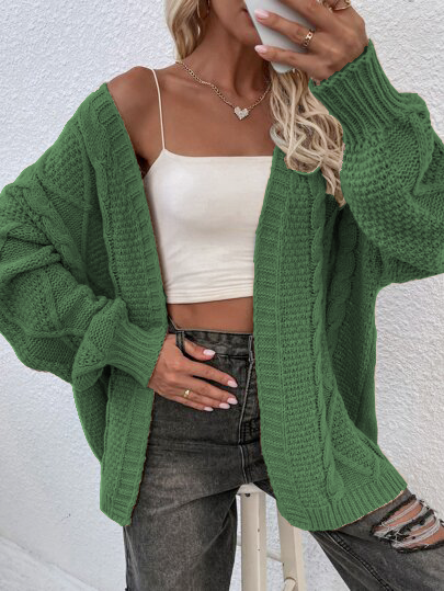 

Casual Open Front Drop Shoulder Solid Cardigan, Dark green, Outerwear