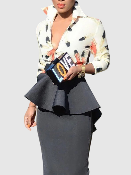 Elegant Feather Pattern Shirt Collar Blouse, Apricot, Blouses and Shirts
