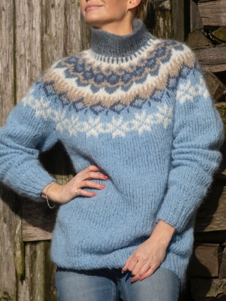 

Turtleneck Ethnic Loose Sweater, Blue, Sweaters