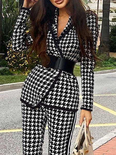 

Urban Lapel Collar Long Sleeve Houndstooth Blazer, Black-white, Blazers