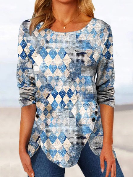 

Geometric Casual Loose Crew Neck Tunic, Blue, Tops