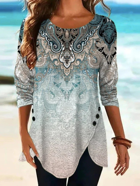 

Loose Crew Neck Ethnic Tops, Multicolor, Tops